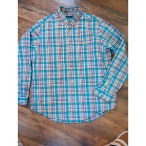 90s Ralph Lauren Mens Shirt Blue & Pink Plaid  Button Up Long Sleeve Casual XL‎
